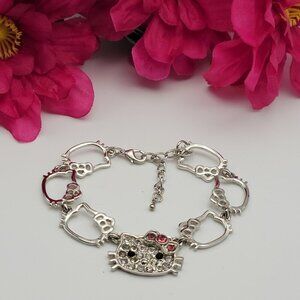 SANRIO Hello Kitty Chain Link Bracelet Silver Plated Multicolor Crystal 6.5-9"